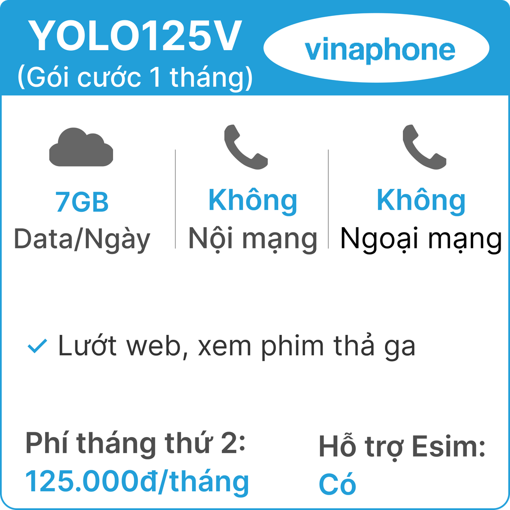 Sim Vinaphone YOLO125V 7GB/Ngày - Gói cước 1 tháng