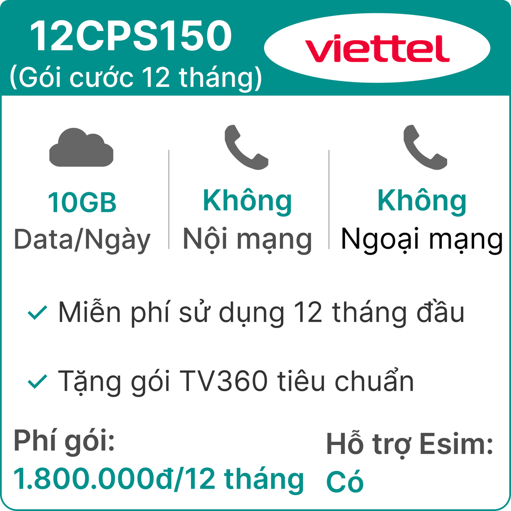 Sim 5G Viettel 12CPS150 10GB/Ngày (Free TV360) - 12 Tháng