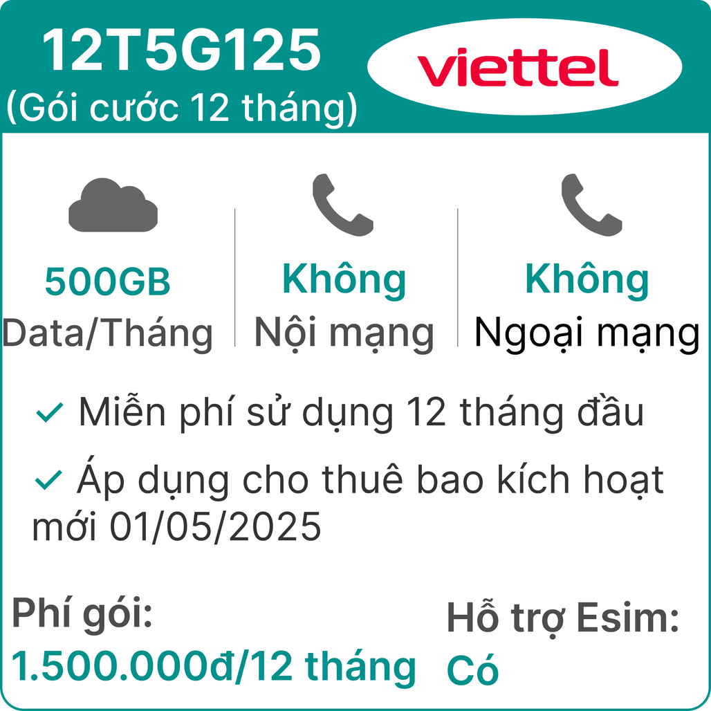 Sim 5G Viettel 12T5G125 500GB/tháng - 12 tháng