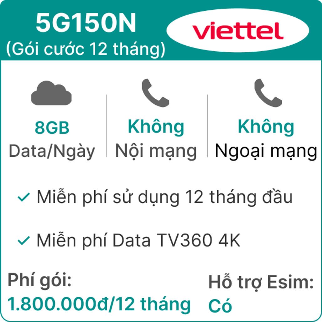Sim 5G Viettel 12T5G150N 8Gb/Ngày (Free Tv360 4K) - 12 Tháng