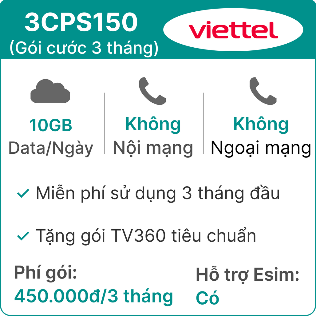 Sim 5G Viettel 3CPS150 10GB/Ngày (Free TV360) - 3 Tháng