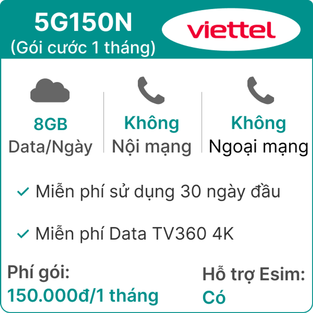 Sim 5G Viettel 5G150N 8GB/Ngày (Free TV360 4K)