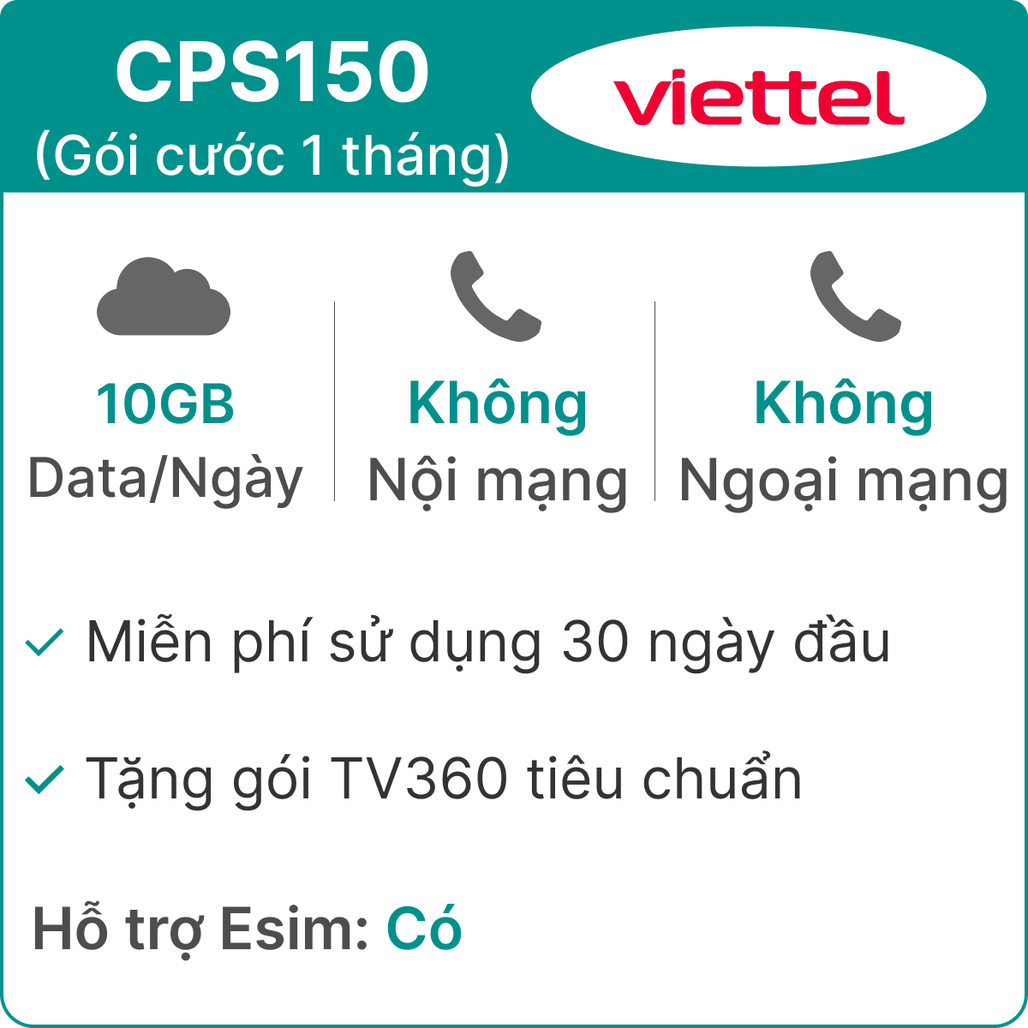 Sim 5G Viettel Cps150 10Gb/Ngày (Free Tv360)