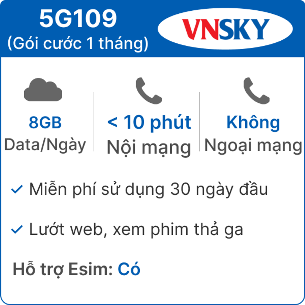Sim 5G Vnsky 5G109 8Gb/Ngày - Free 1 Tháng