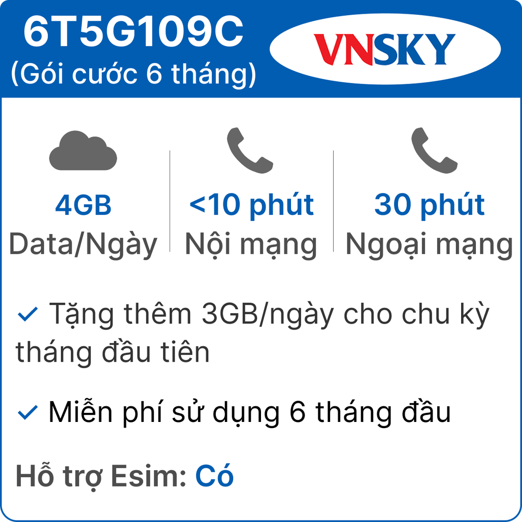 Sim 5G VNSKY 6T5G109C 4GB/Ngày có nghe gọi - Free 6 tháng