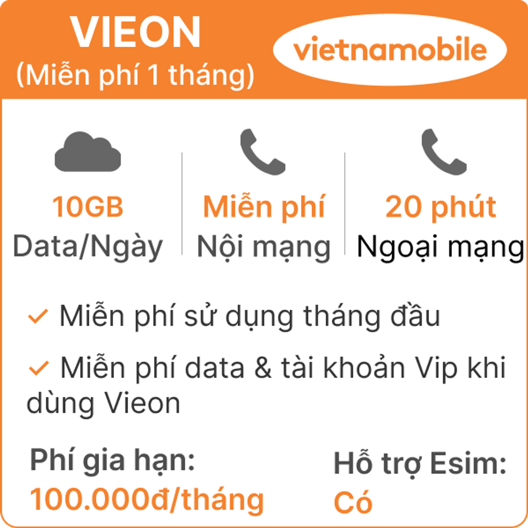 Vietnamobile Sim Data 4G Vieon 10Gb/Ngày
