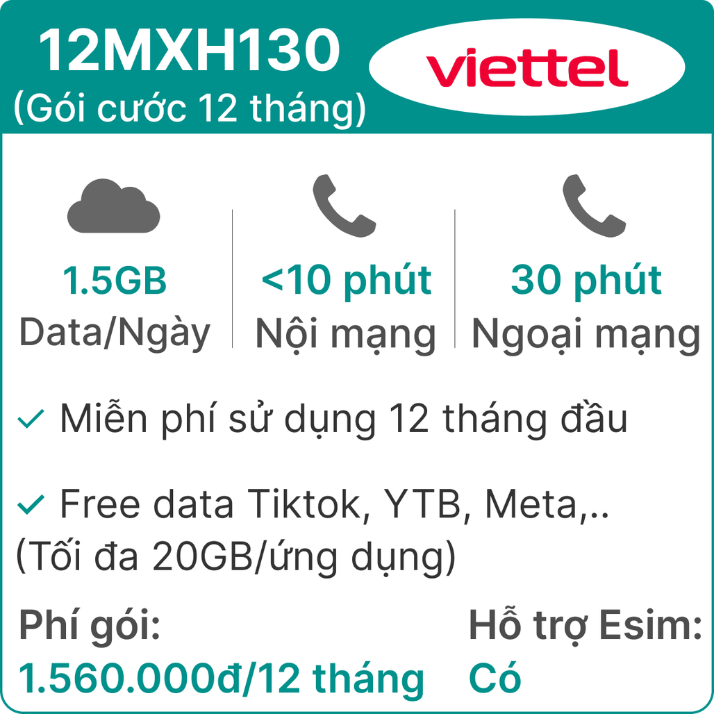 Sim 4G Viettel 12MXH130 1.5GB/Ngày (có nghe gọi- free data tiktok- youtube- FB - 20GB) - 12 Tháng