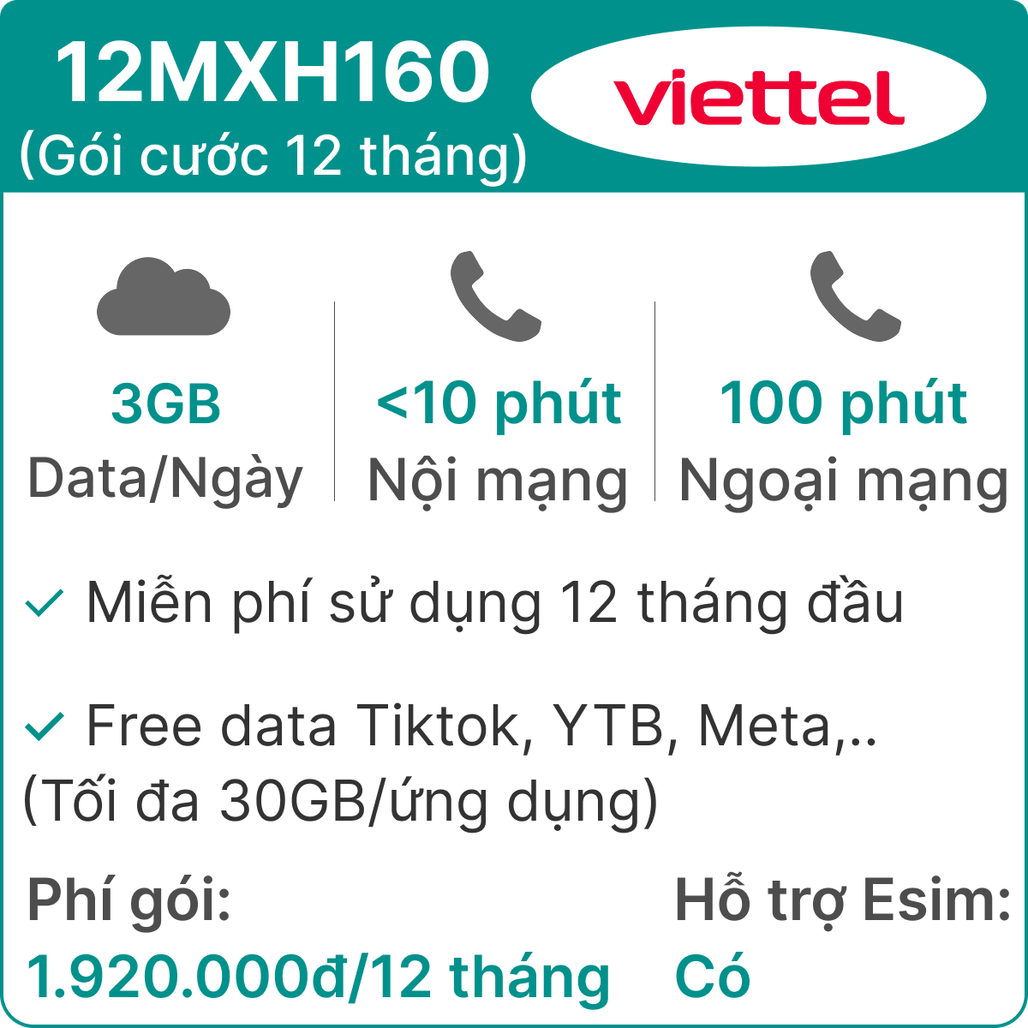 Sim 4G Viettel 12MXH160 3GB/Ngày (có nghe gọi- free data tiktok- youtube- FB - 30GB) - 12 Tháng