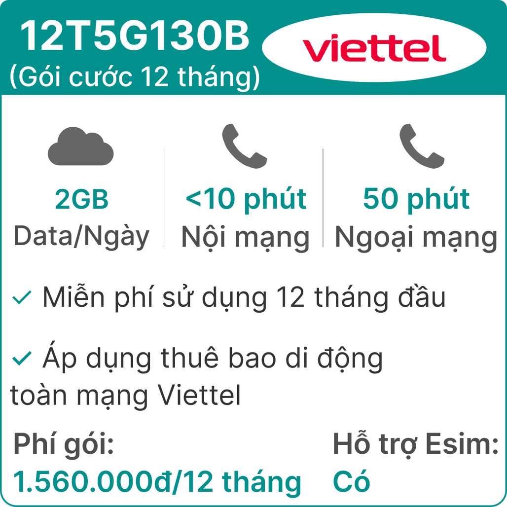 Sim 5G Viettel 12T5G130B 2GB/Ngày (có nghe gọi) - 12 Tháng