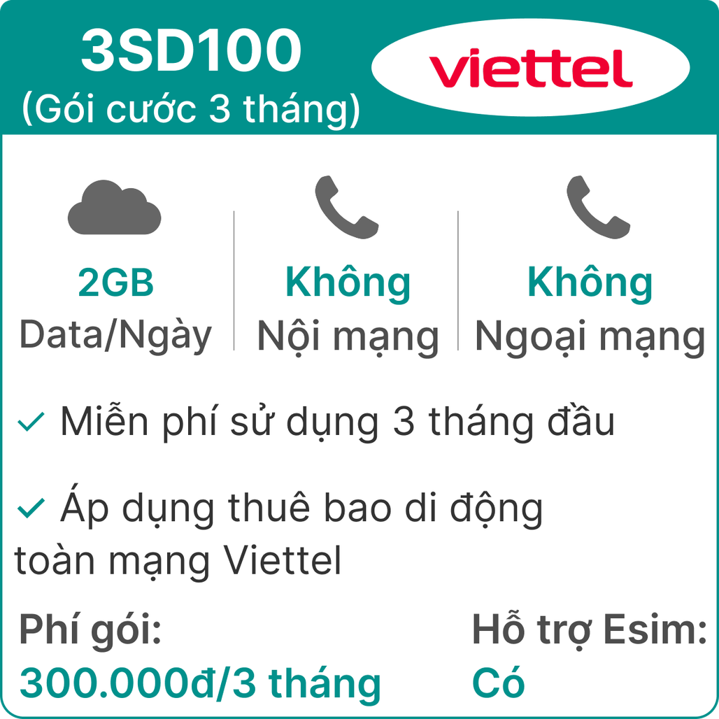 Sim 4G Viettel 3SD100 2GB/Ngày - 3 Tháng