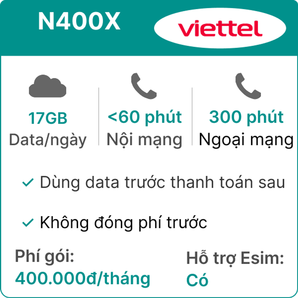 Sim trả sau Viettel 5G N400X 17GB/Ngày (có nghe gọi- SMS- TV360 Basic) - Không đóng phí trước