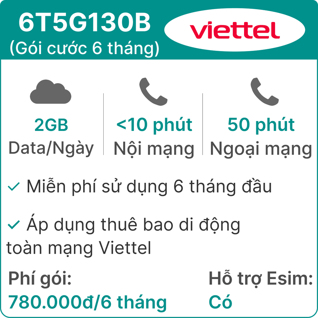 Sim 5G Viettel 6T5G130B 2GB/Ngày (có nghe gọi) - 6 Tháng
