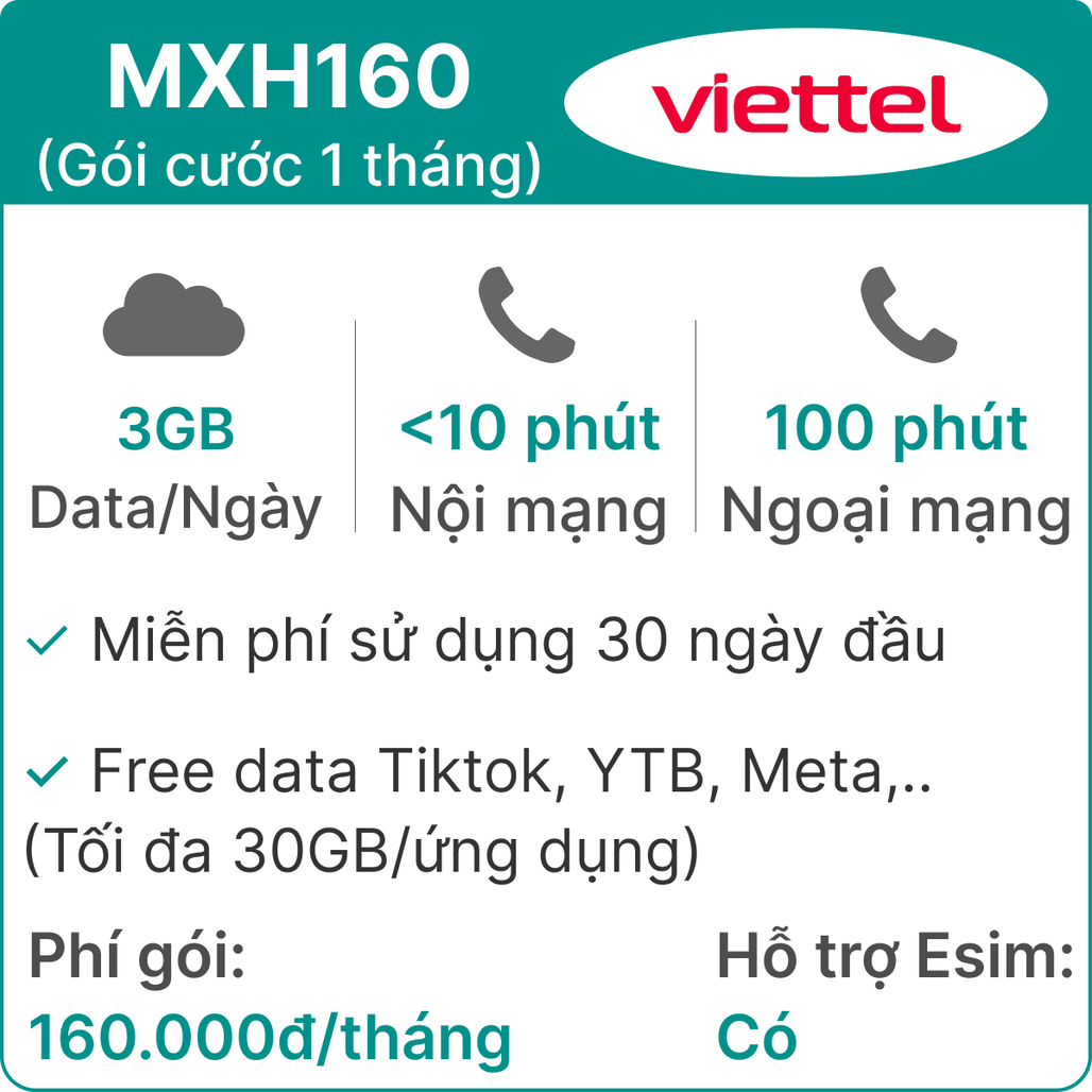 Sim 4G Viettel MXH160 3GB/Ngày (có nghe gọi- free data tiktok- youtube- FB - 30GB)