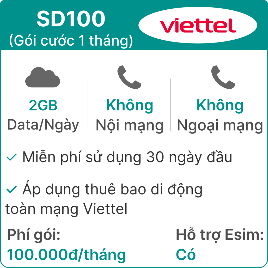 Sim 4G Viettel SD100 2GB/Ngày