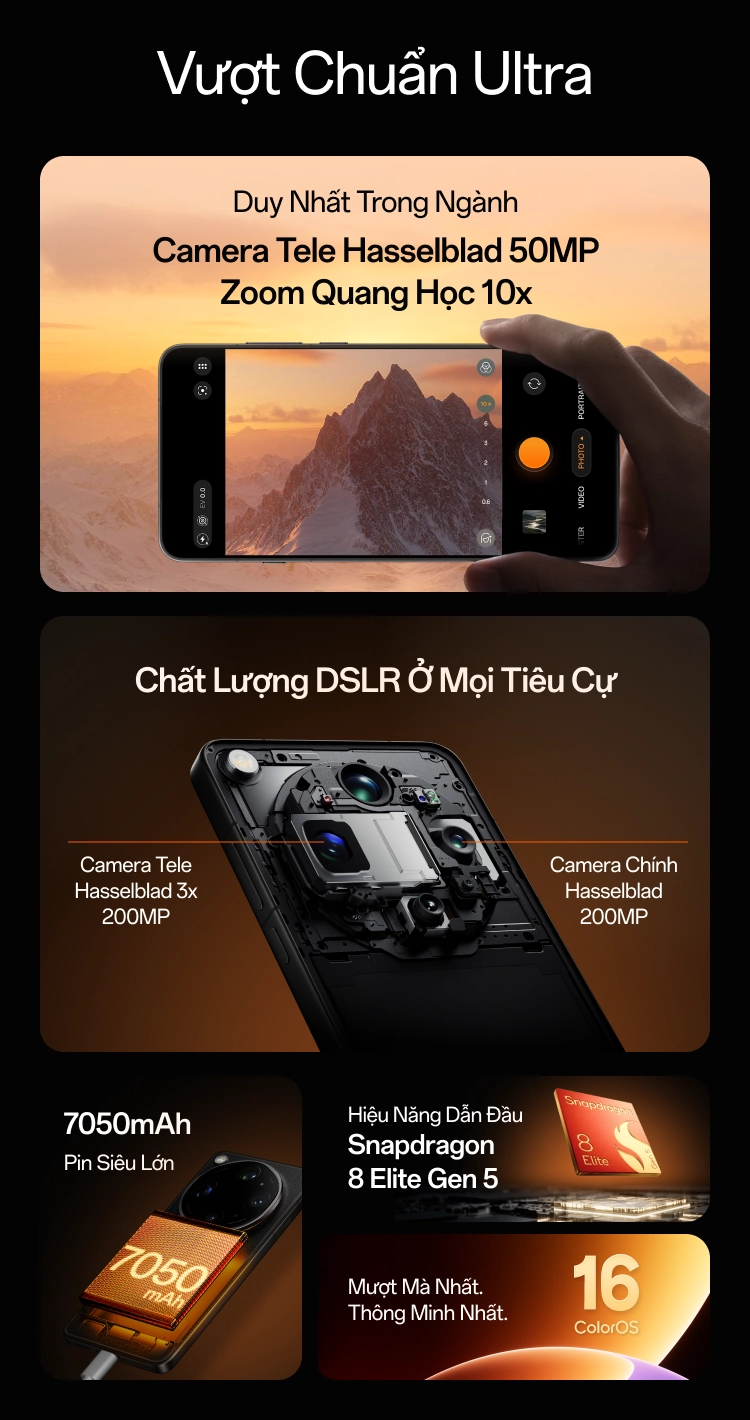 Thông số kỹ thuật OPPO Find X9 Ultra và Find X9s: Camera Tele Hasselblad 50MP, Zoom 10x, chất lượng DSLR ở mọi tiêu cự, chip Snapdragon 8 Elite Gen 5, Pin 7050mAh và ColorOS 16 Mobile
