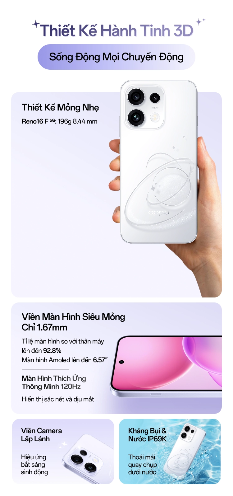 Thiết kế hành tinh 3D mỏng nhẹ, viền màn hình siêu mỏng và khả năng kháng nước IP69K của OPPO Reno 16 F Mobile
