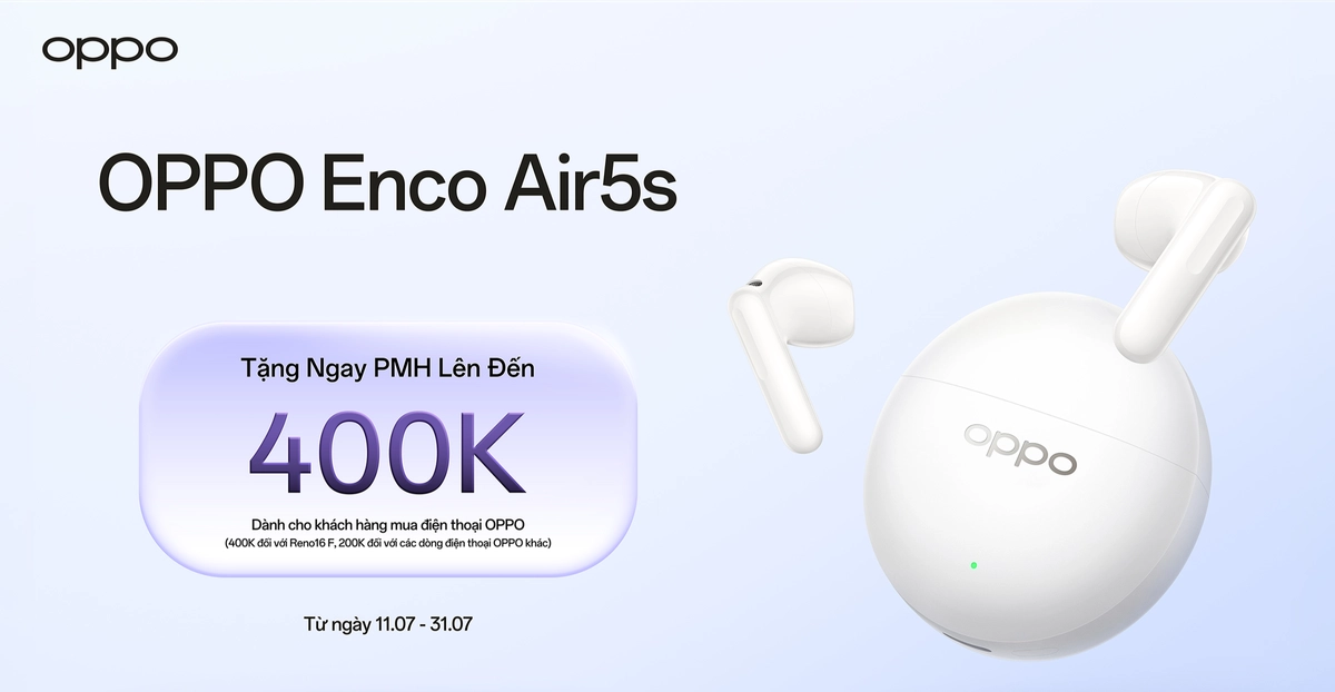 Tặng ngay phiếu mua hàng 400.000 đồng mua tai nghe OPPO Enco Air5s khi đặt trước OPPO Reno16 F Mobile