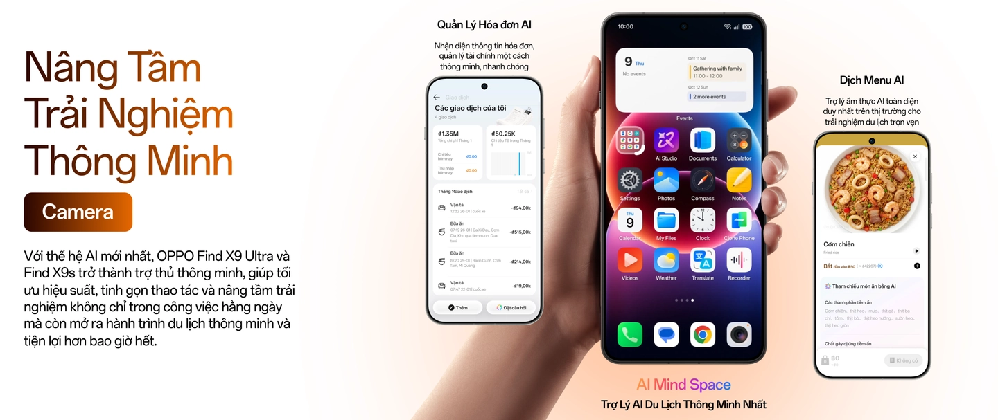 OPPO Find X9 Ultra nâng tầm trải nghiệm thông minh với quản lý hóa đơn AI, AI Mind Space trở lý du lịch thông minh và dịch Menu AI Desktop