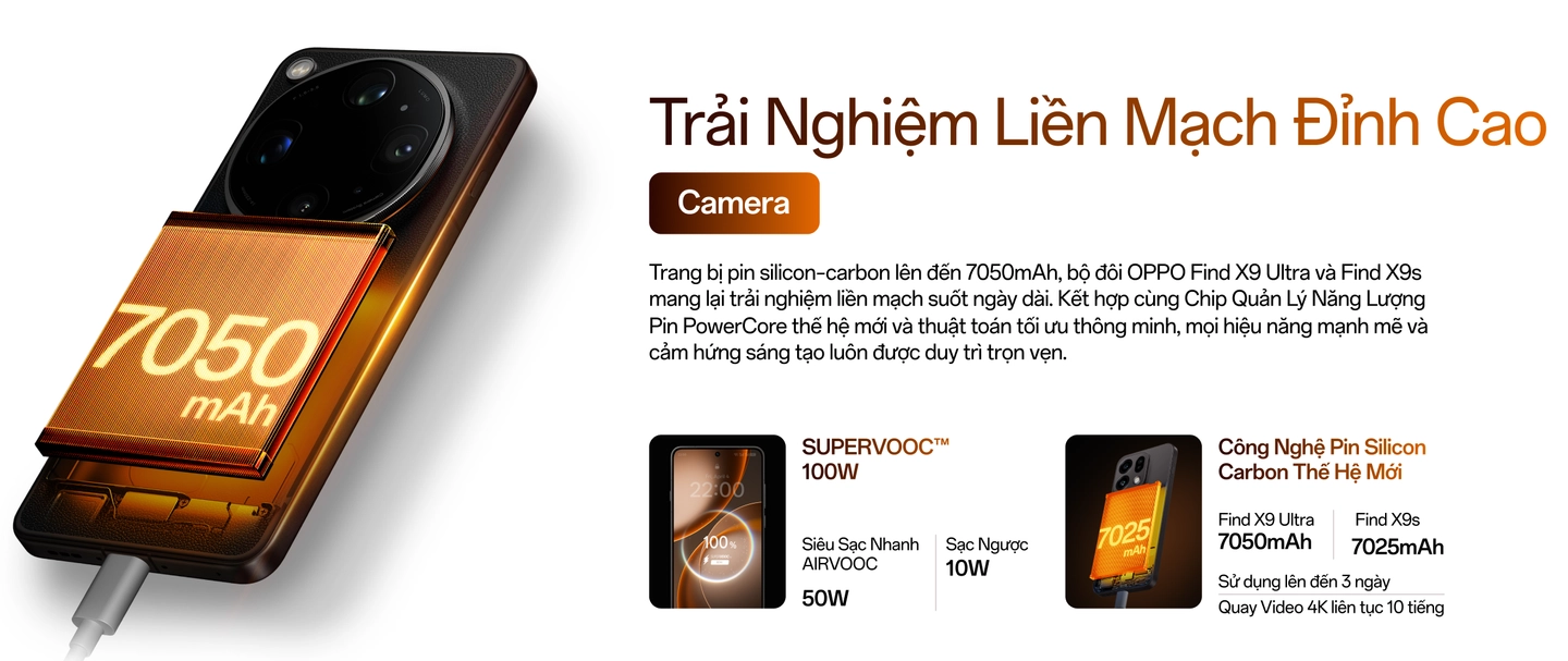 OPPO Find X9 Ultra trang bị pin silicon-carbon đến 7050mAh sử dụng liền mạch đến 3 ngày, quay video 4k liên tục 10 tiếng, SUPERVOOC 100W, AIRVOOC 50W, sạc ngược 10W Desktop