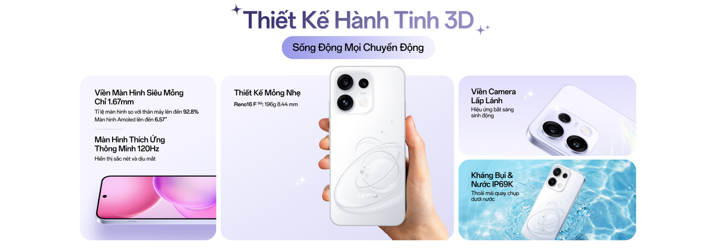 Thiết kế hành tinh 3D mỏng nhẹ, viền màn hình siêu mỏng và khả năng kháng nước IP69K của OPPO Reno 16 F Desktop