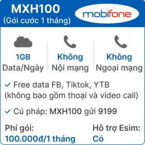 Sim 4G Mobifone MXH100 1GB/Ngày Free Tiktok-YTB-FB - 1 tháng (thành phẩm)