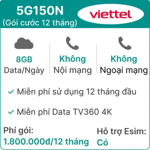 Sim 5G Viettel 12T5G150N 8GB/Ngày (Free TV360 4K) - 12 Tháng