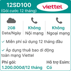 Sim 4G Viettel 12SD100 2GB/Ngày - 12 Tháng