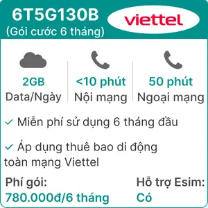 Sim 5G Viettel 6T5G130B 2GB/Ngày (có nghe gọi) - 6 Tháng