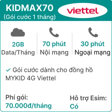 Sim Viettel KIDMAX70 - Gói cước 1 tháng