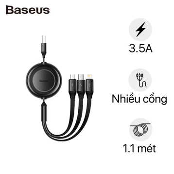 Cáp Baseus Bright Mirror 2 Series Retractable 3 in 1 USB to M+L+C 3.5A dài 1.1m