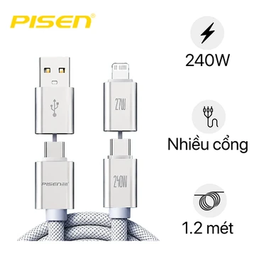 Cáp Pisen Pro Vivid 4-in-1 240W fast charging braided 1.2m
