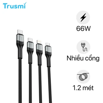 Cáp Trusmi 3 in 1 USB-C to USB-C, Lightning, Micro 66W dài 1.2m