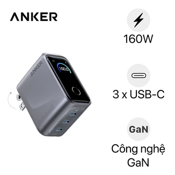 Sạc Anker Prime 3 cổng USB-C 160W có màn hình LED thông minh A2687