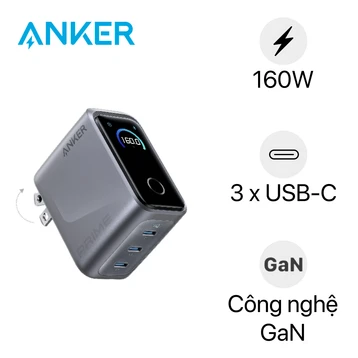 Sạc Anker Prime 3 cổng USB-C 160W có màn hình LED thông minh A2687