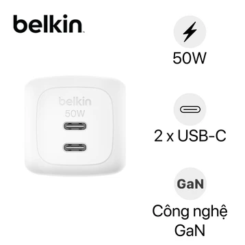 Sạc nhanh Belkin 50W 2 cổng USB-C PD/PPS Cubic Wall Charger