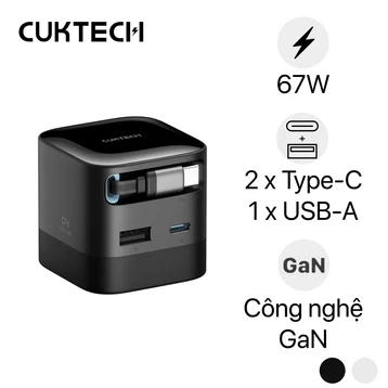 Sạc Cuktech CP6 GaN 2C1A 67W tích hợp cáp USB-C rút gọn AD653W