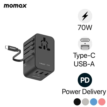 Sạc đa năng Momax 1-World+ 70W GaN 3 cổng kèm cáp type-C UA18