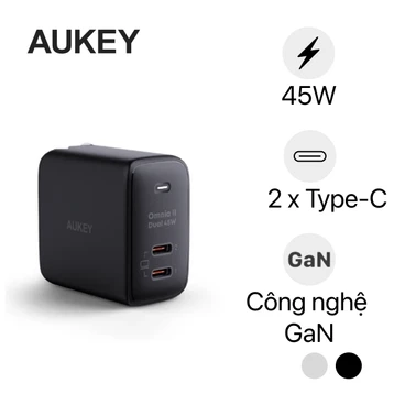 Củ sạc nhanh Aukey PD 45W PA-B4T 2 cổng, chấu gập