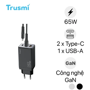 Sạc nhanh mini Trusmi PD 65W GAN 1A+2C kèm cáp type-C to type-C 60W (EU) CH05