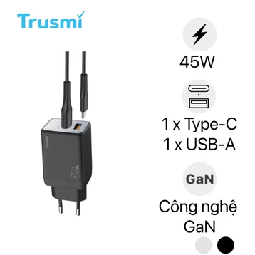 Sạc nhanh mini Trusmi PD 45W GAN 1A1C kèm cáp type-C to type-C 60W CH06