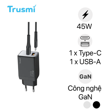 Sạc nhanh mini Trusmi PD 45W GAN 1A1C kèm cáp type-C to type-C 60W CH06 - Cũ