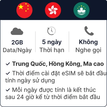 eSim du lịch Gohub Trung Quốc, Hồng Kông, Ma Cao 2GB - 5 Ngày