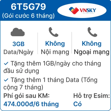 Sim 5G VNSKY 6T5G79 3GB/Ngày - Free 6 tháng