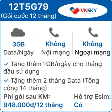 Sim 5G VNSKY 12T5G79 3GB/Ngày - Free 12 tháng