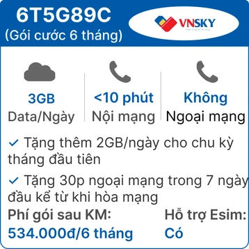 Sim 5G VNSKY 6T5G89C 3GB/Ngày có nghe gọi - Free 6 tháng