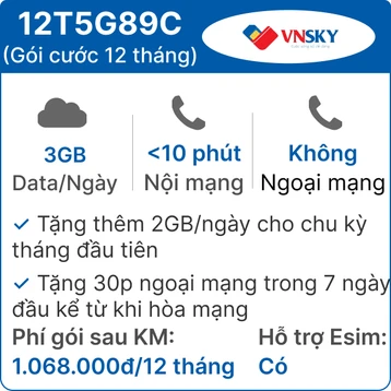 Sim 5G VNSKY 12T5G89C 3GB/Ngày có nghe gọi - Free 12 tháng