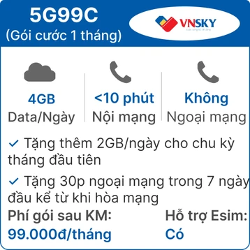 Sim 5G VNSKY 5G99C 4GB/Ngày có nghe gọi - Free 1 tháng