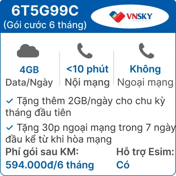 Sim 5G VNSKY 6T5G99C 4GB/Ngày có nghe gọi - Free 6 tháng
