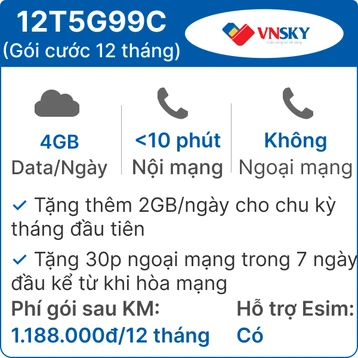 Sim 5G VNSKY 12T5G99C 4GB/Ngày có nghe gọi - Free 12 tháng