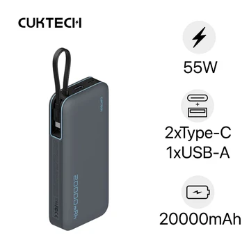 Pin dự phòng Cuktech 1C1A 20000mAh 55W tích hợp cáp Type-C (CP25) PB200N